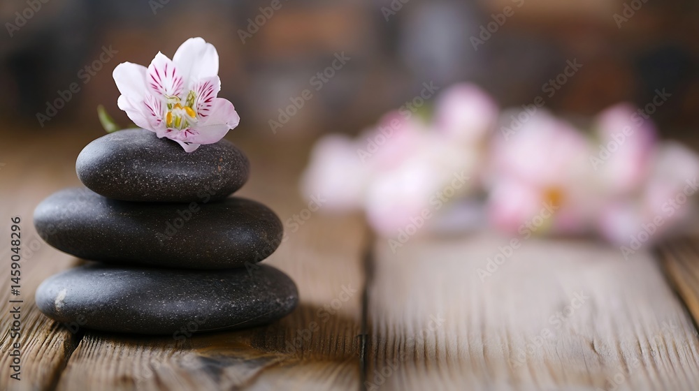 Poster serene spa scene featuring a delicate alstroemeria flower atop a stack of smooth, dark grey stones, 