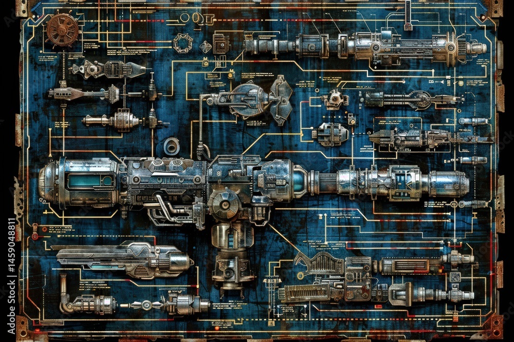Poster futuristic mechanical blueprint with intricate designs and components.