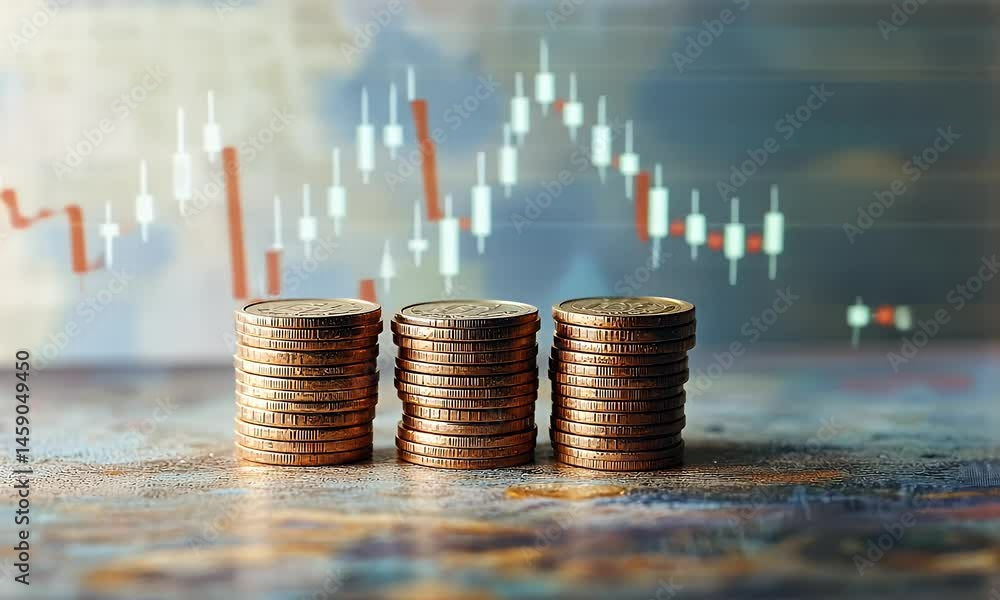 Poster stacks of coins and stock chart background with a bokeh light effect for a financial concept. stock 