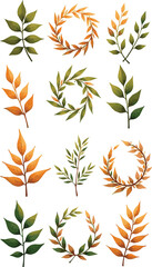 Create a Big set of various design elements, tropical leaves and plants branches, detail wreaths and sunbursts, vector shapes collection assets of isolated details, for colleges and prints  with white