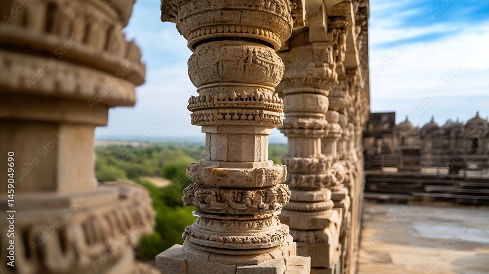Poster intricate stone carvings adorn ancient temple columns, showcasing detailed bas-reliefs and architect
