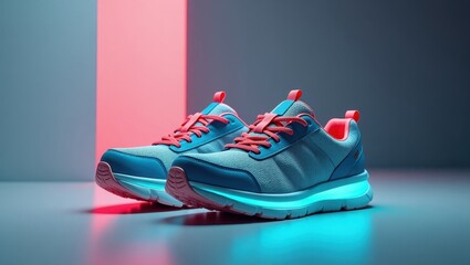 Waterproof Sneakers. Futuristic Footwear. Abstract futuristic concept. Sleek blue and pink sneakers stand out in modern, high-tech world on sleek grey background.