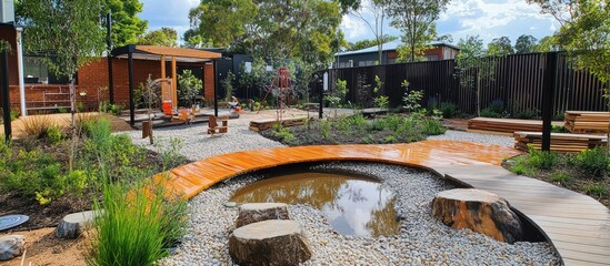 A beautiful, modern play area with a wooden bridge over a tranquil water feature.