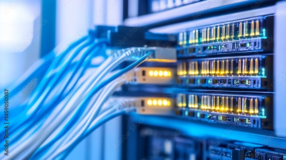 Poster Close-up view of fiber optic cables connected to a server rack, showcasing illuminated network ports and data transfer. : Generative AI
