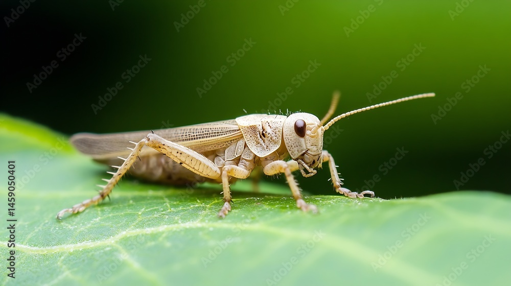 Poster close-up view of a pale grasshopper perched on a vibrant green leaf, showcasing intricate details of
