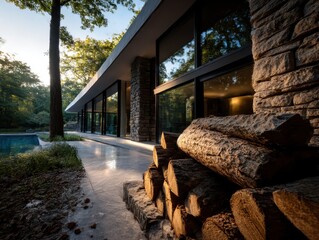 Fototapeta premium Modern low-slung house with glass windows, stone exterior, firewood stack, pool, and wooded sunlit setting