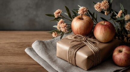 Gift box wrapped in brown paper with apples and dry flowers on soft linen cloth perfect for Teacher Appreciation Week, autumn school decorations and thoughtful Teacher’s Day visuals