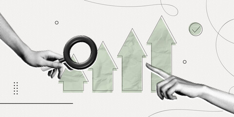 Trendy Halftone Collage Hand holding magnifying glass with arrows pointing up. Stock market statistics chart. Finance business data graph. Trending upwards. Contemporary vector illustration art