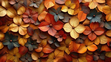 Fototapeta premium Autumnal floral tapestry of layered leaves and blossoms