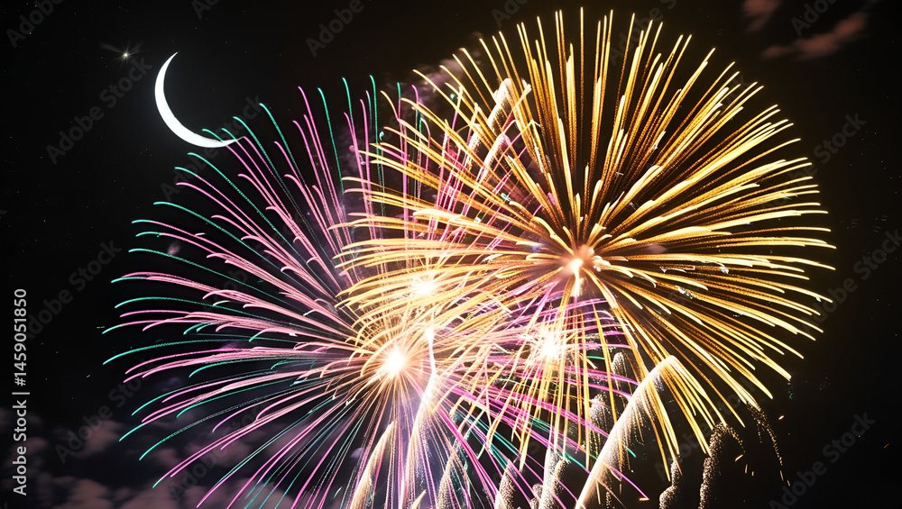 Poster a lively night sky with multicolored fireworks exploding in brilliant patterns.