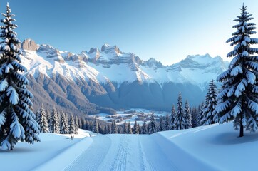 Winter wonderland with snowcovered evergreens in foreground, snowy mountains in background, and skier on