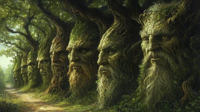 Ancient tree spirits awakening in enchanted forest landscape