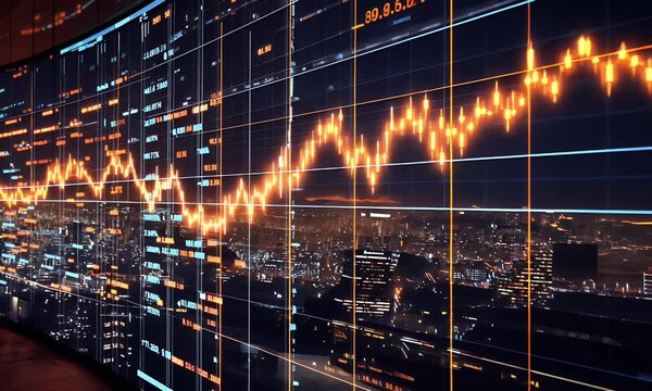 A digital display showing an electric power grid with colorful graphs and data points, representing the dynamic nature of energy market trends and consumption. - Powered by Adobe