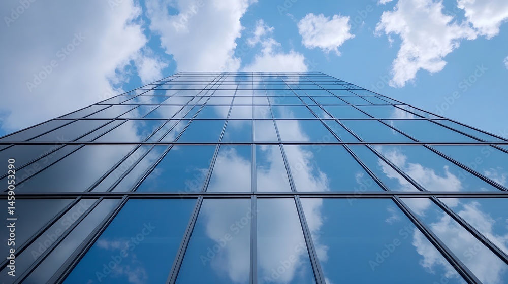 Poster modern skyscraper facade reflecting blue sky and fluffy clouds, showcasing a grid of glass panels an