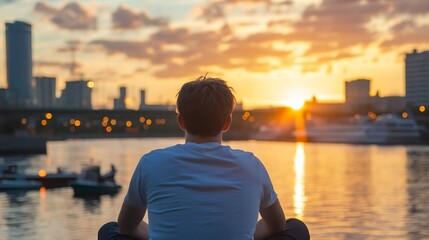 Fototapeta premium Young man sits by river, watching sunset over city skyline. Golden hour light illuminates cityscape and water, peaceful contemplative mood. : Generative AI
