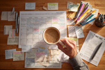 Person holding a coffee cup above a cluttered workspace with notes and planners