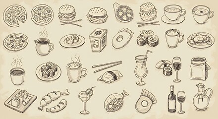 A Diverse Collection of Hand-Drawn Food and Drink Illustrations