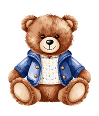 A teddy bear is sitting on a white background with a blue jacket on. The bear has a smile on its face and he is happy