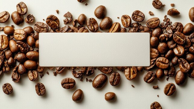 Blank rectangular card surrounded by coffee beans