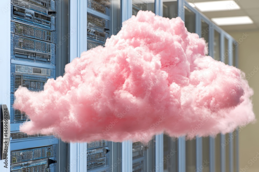 Aufkleber cloud computing concept with pink cloud over server racks.