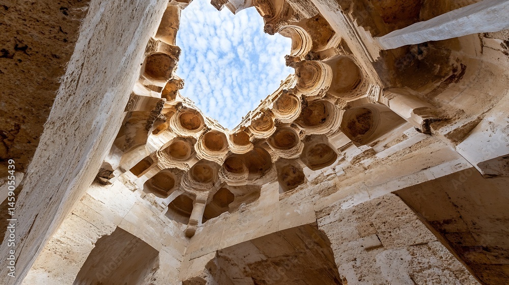 Aufkleber ancient stone structure, intricate ceiling detail reveals a skylight, showcasing weathered stonework