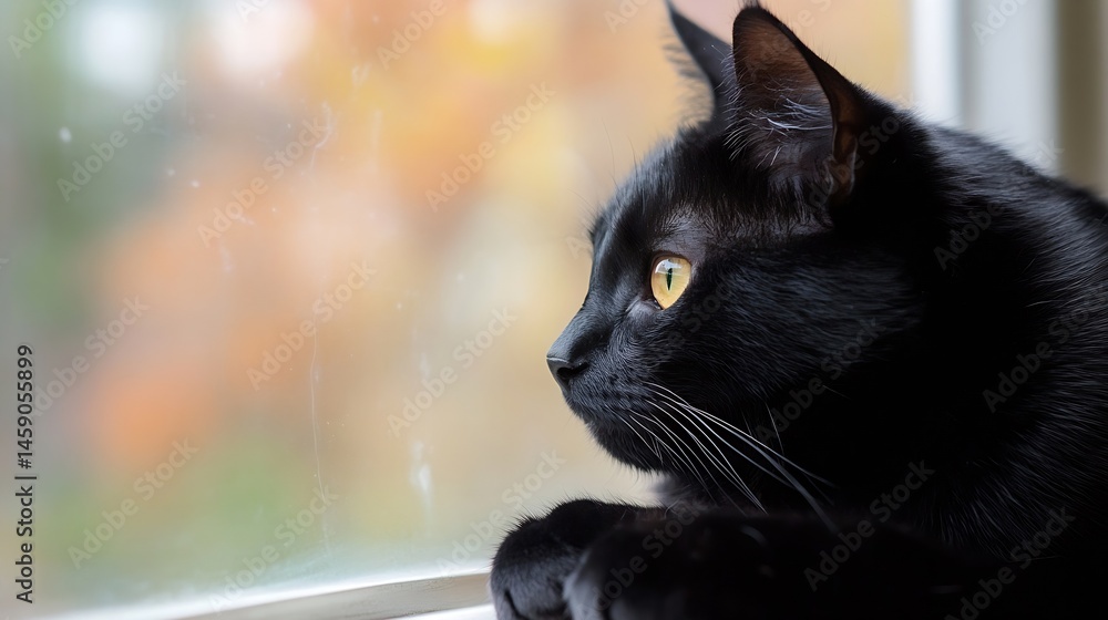 Poster a black cat with striking yellow eyes sits by a window, gazing intently at an autumnal scene blurred