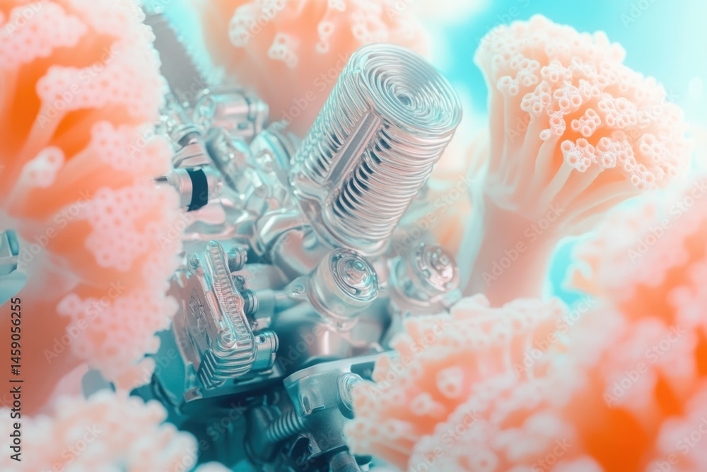 Poster a metallic engine component is nestled amongst coral-like structures, creating a surreal and artisti