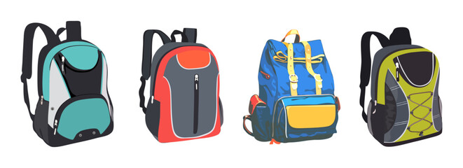 Set of backpacks isolated on white background. Colorful, multi-colored sports, tourist and women's backpacks of various colors. Cartoon style. Vector realistic illustration.