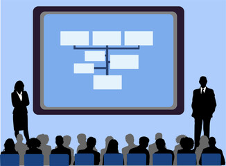 Silhouettes of Business People Group at Conference Meeting sitting in front of a Monitor with Infographic. Monochrome Vector Illustration isolated on blue background.