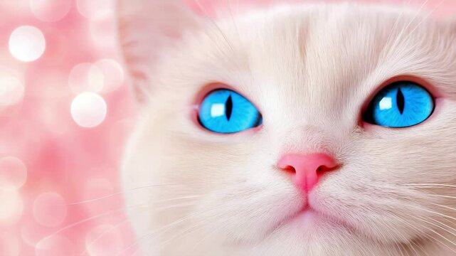 Adorable white cat with mesmerizing blue eyes opens to a dreamy pink bokeh background