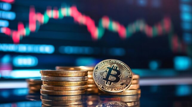 Close-up of bitcoin cryptocurrency coin stacks against a blurred background showing a dynamic stock market chart with red and green price fluctuations. : Generative AI