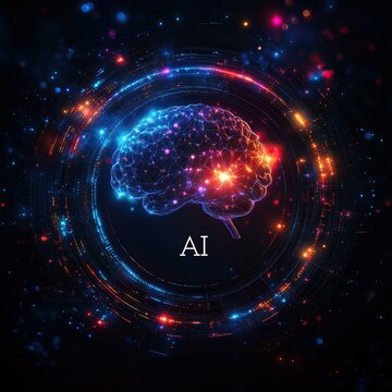 Perfil de cerebro humano idea conceptual donde se le visualiza dentro de un aro circular los nodos, neuronas y sinapsis sobre fondo negro y colores brillantes, texto AI