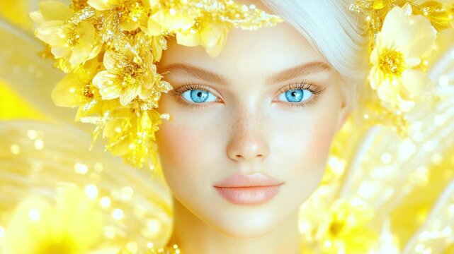 Enchanting transformation of flowercrowned fairy with blue eyes and radiant smile