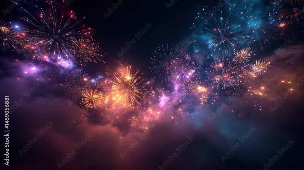 Poster A breathtaking spectacle of vibrant fireworks exploding against a dark night sky, creating a mesmerizing display of colorful bursts and smoky trails.