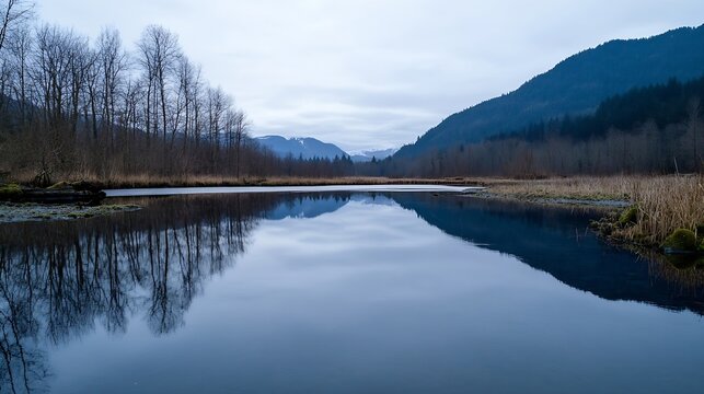 Serene winter landscape reflecting in a calm lake, showcasing bare trees, mountains, and a tranquil atmosphere. : Generative AI