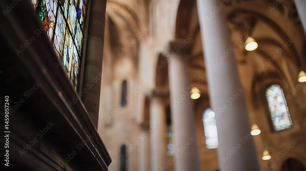 Fototapete A close-up view of a stained glass window in a cathedral, showcasing intricate details and vibrant colors, with blurred background of columns and arches. : Generative AI