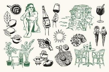 Minimal vector La Dolce Vita doodles collection. Art for postcards, posters, branding, logo design, background, social media.