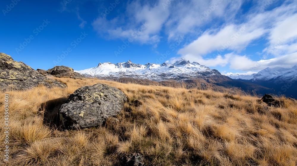 Poster a scenic view of snow-capped mountains under a vibrant blue sky, with golden grass and dark rocks in