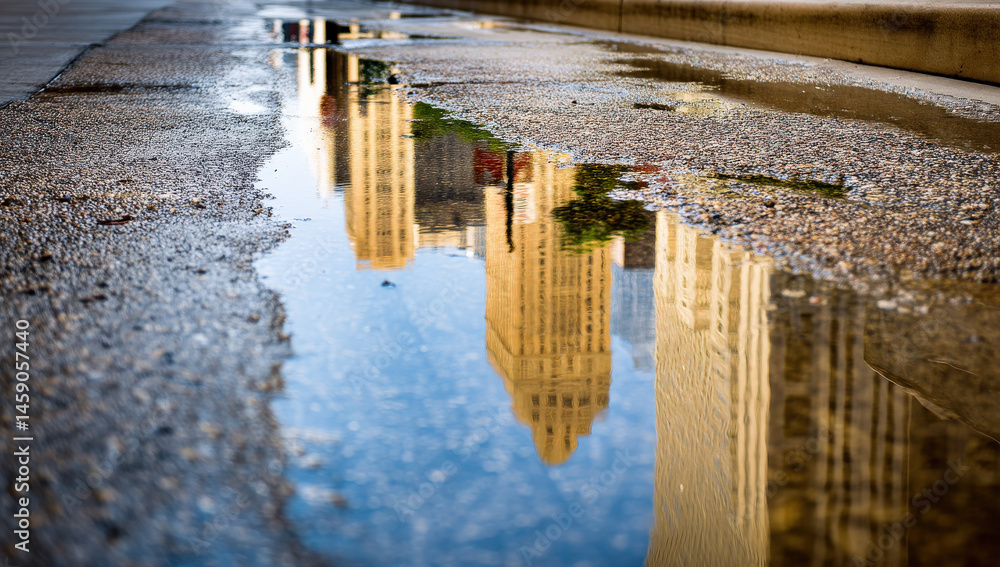 Poster reflective urban cityscape in a puddle after rain, showing distorted building reflections on a city 