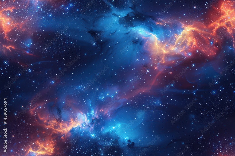 Poster vibrant seamless pattern of cosmic clouds and stars in a deep space setting with vivid colors and in