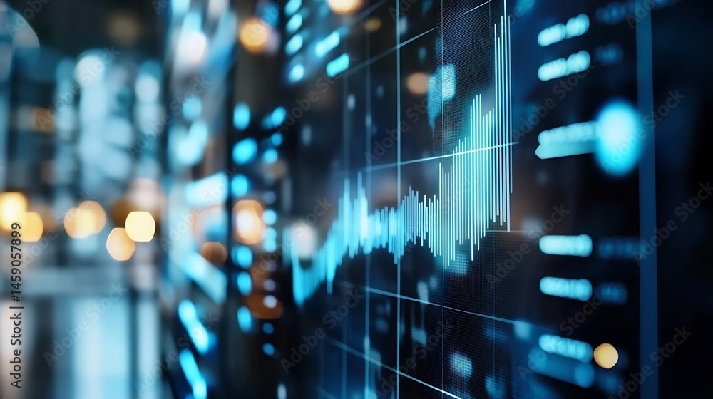 Poster Abstract digital data visualization showing a dynamic blue waveform on a dark gridded screen, suggesting technological progress and financial market trends. : Generative AI