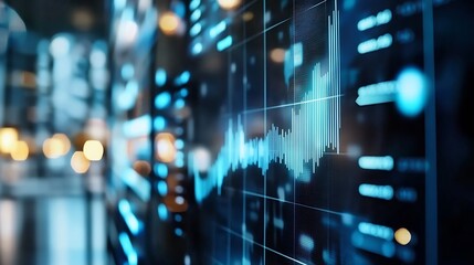 Abstract digital data visualization showing a dynamic blue waveform on a dark gridded screen, suggesting technological progress and financial market trends. : Generative AI