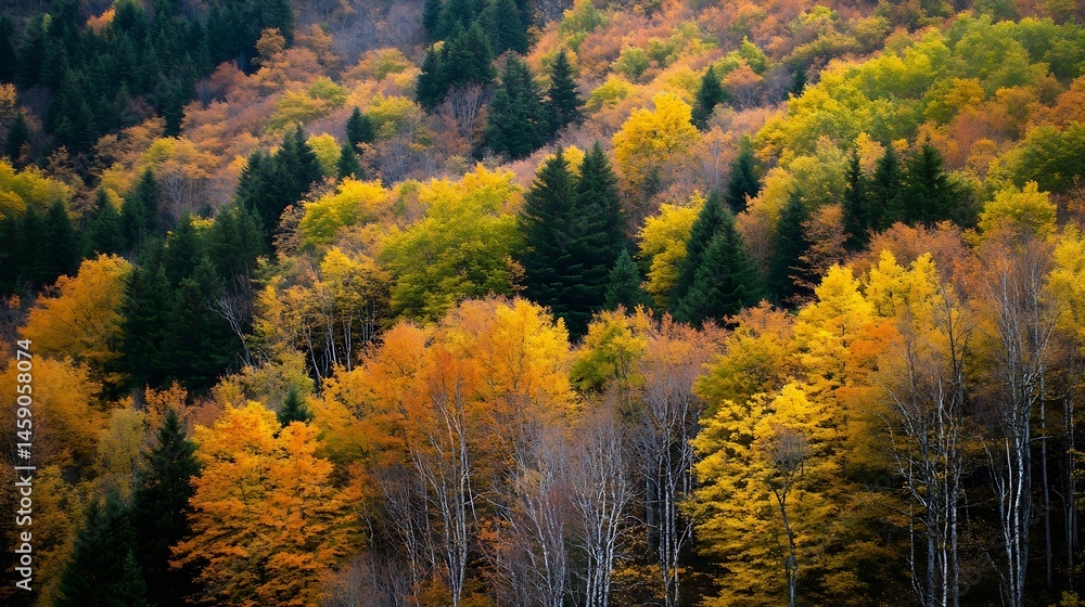Aufkleber vibrant autumnal forest scene showcasing a hillside of golden, orange, and yellow deciduous trees in