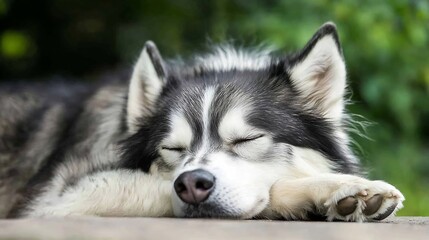 Obraz premium A serene Siberian husky dog peacefully sleeps outdoors, its eyes closed, resting its head on its paws. The dog's fur is a mix of black and white, and the background is blurred green f : Generative AI