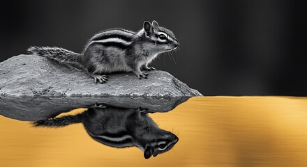 Obraz premium black and white minimalist sketch, chipmunk perched on a rock in banff national park, canada, subject positioned at the top with golden reflections below, ample copy space at the bottom for photo use
