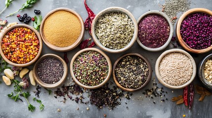 Fototapeta premium Assortment of colorful spices and grains in wooden bowls, overhead shot. A vibrant culinary still life featuring various seeds, herbs, and dried peppers. : Generative AI