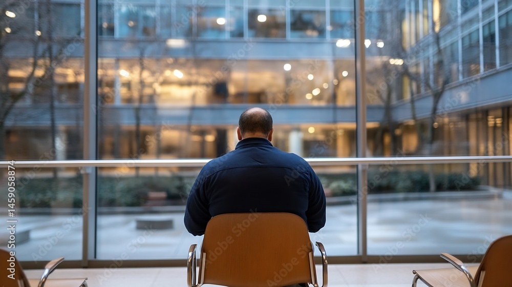 Poster a man sits alone in a modern office building, looking out at the courtyard through a large window. h