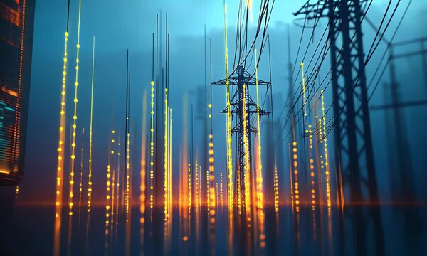 A digital display showing the stock market chart with an electric power grid in the background, 