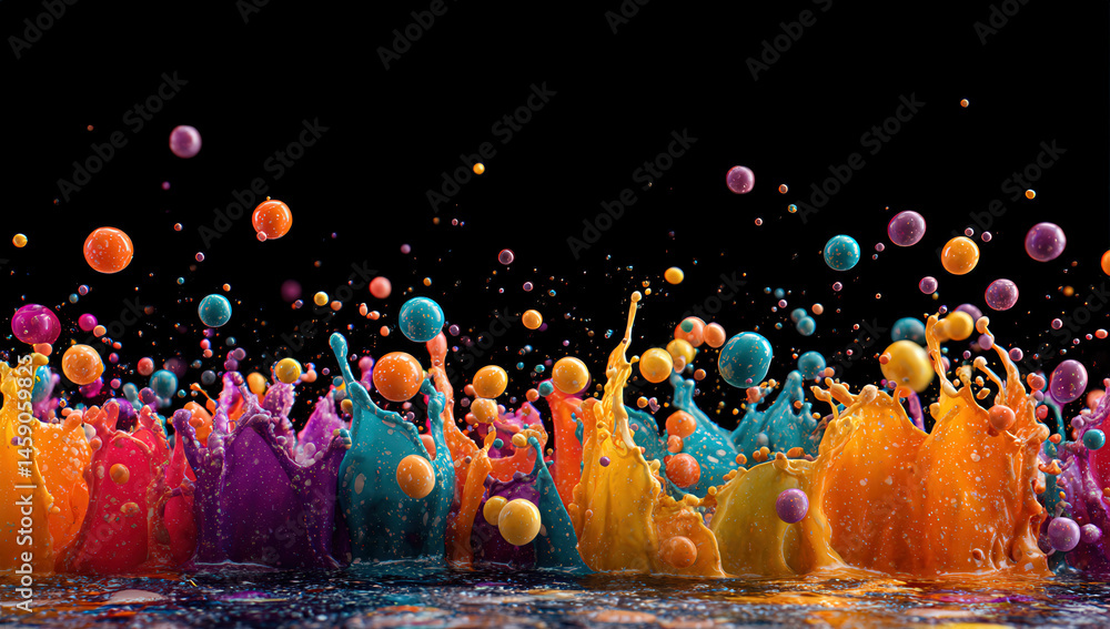 Poster vibrant multicolored paint splash with glossy spheres exploding against a black backdrop, creating a