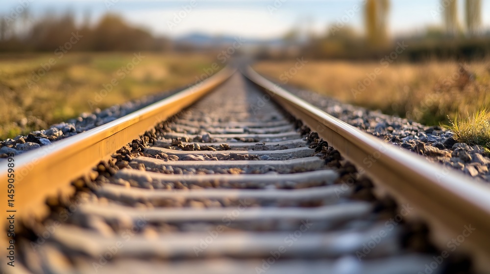 Poster Close-up view of railway tracks extending into a blurred autumnal landscape, sunlight illuminating the scene, conveying a sense of journey and travel. : Generative AI